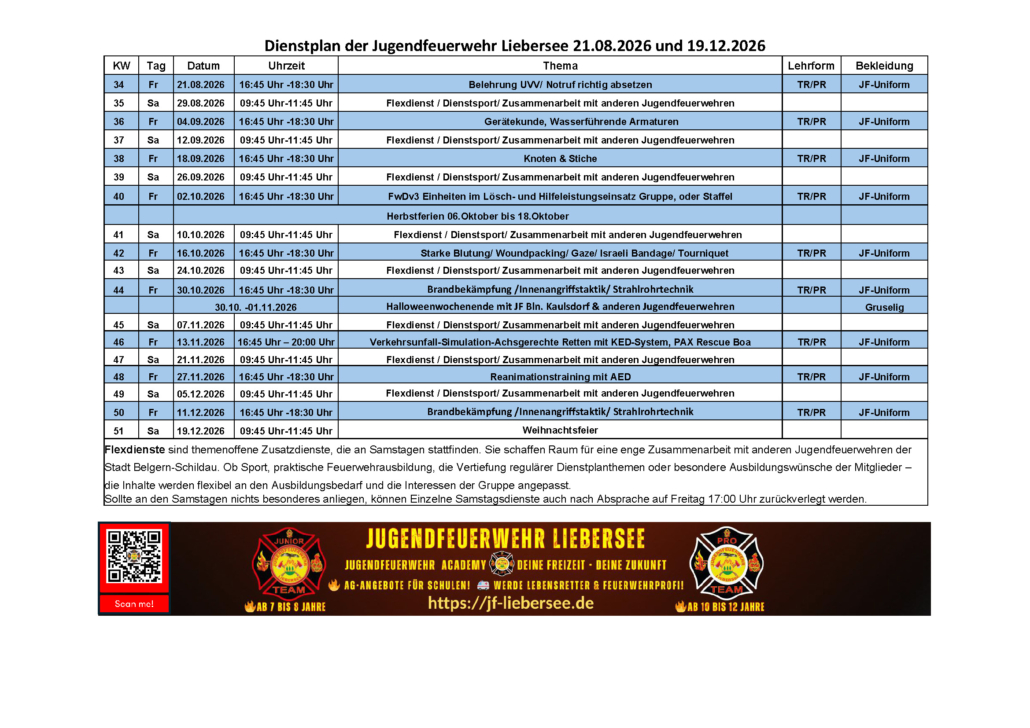 Dienstplan der Jugendfeuerwehr Liebersee